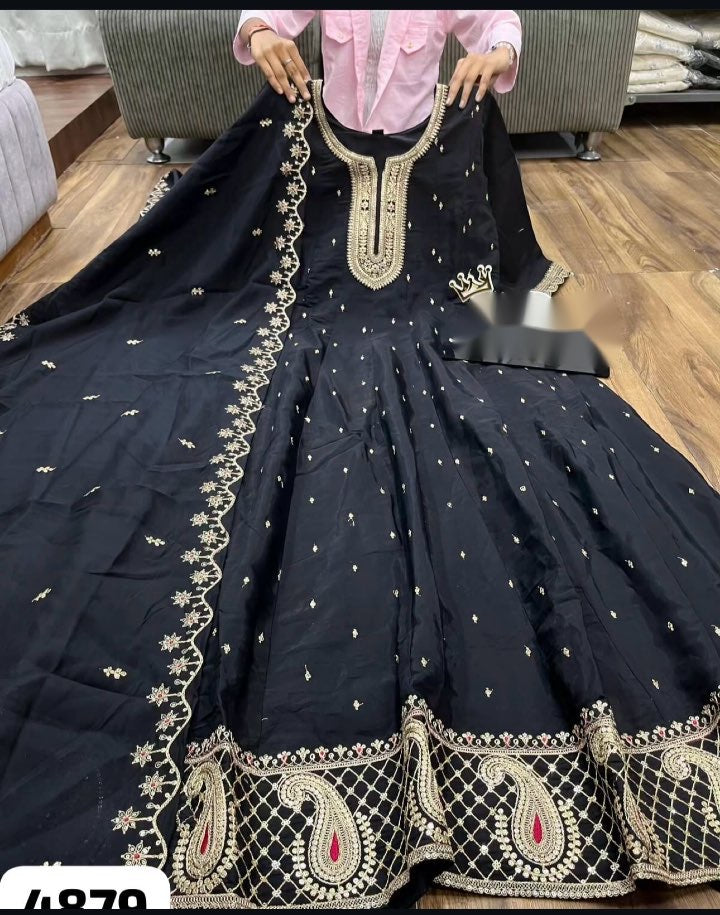 Presenting New Collection Heavy Pure Natural Crep Gown -Pent  Dupatta Set Fully Stitched Ready To Wear