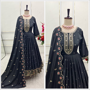 Presenting New Collection Heavy Pure Natural Crep Gown -Pent  Dupatta Set Fully Stitched Ready To Wear
