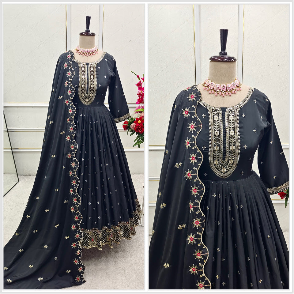 Presenting New Collection Heavy Pure Natural Crep Gown -Pent  Dupatta Set Fully Stitched Ready To Wear