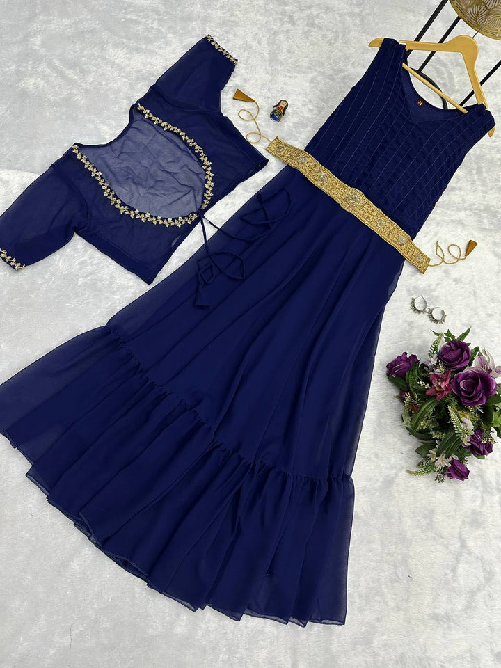 Faux Georgette Gown with Embroidered Koti & Belt – Trendy & Elegant