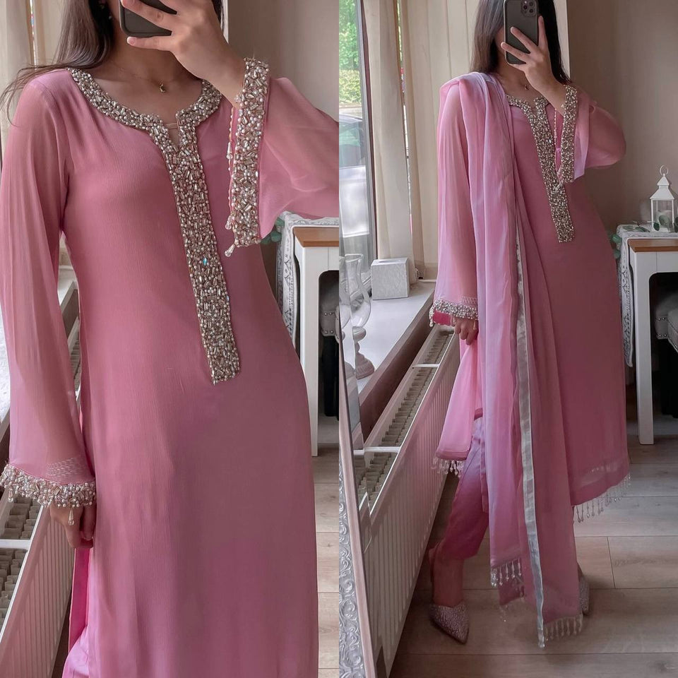 DESIRABLE FANCY FAUX GEORGETTE REAL MOTI HAND WORK TOP AND PENT WITH DUPATTA