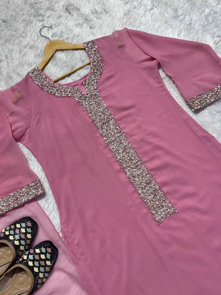 DESIRABLE FANCY FAUX GEORGETTE REAL MOTI HAND WORK TOP AND PENT WITH DUPATTA