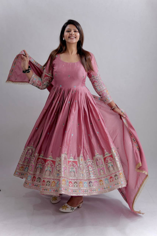 Presenting New Collection Heavy Pure Cinon Silk Gown -Pent  Dupatta Set Fully Stitched Ready To Wear
