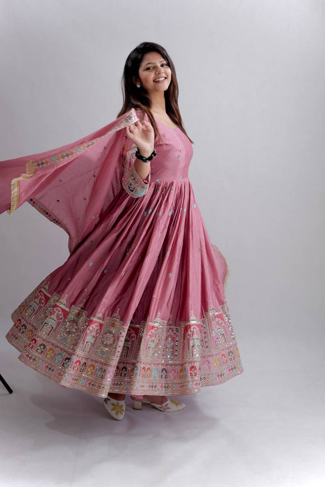 Presenting New Collection Heavy Pure Cinon Silk Gown -Pent  Dupatta Set Fully Stitched Ready To Wear