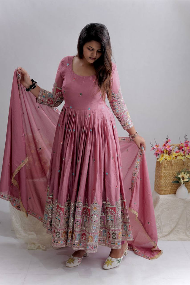 Presenting New Collection Heavy Pure Cinon Silk Gown -Pent  Dupatta Set Fully Stitched Ready To Wear