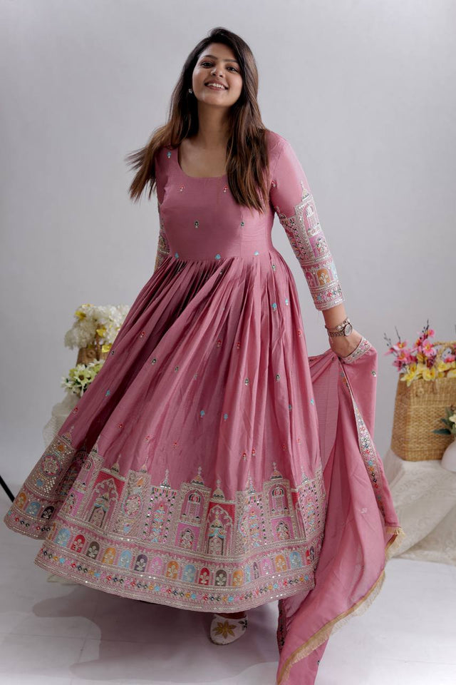 Presenting New Collection Heavy Pure Cinon Silk Gown -Pent  Dupatta Set Fully Stitched Ready To Wear