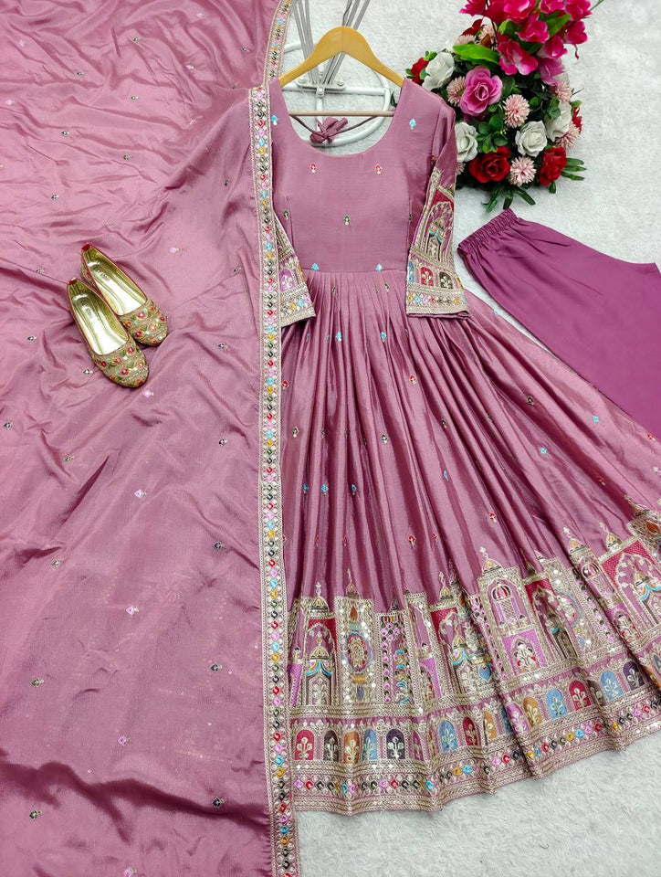 Presenting New Collection Heavy Pure Cinon Silk Gown -Pent  Dupatta Set Fully Stitched Ready To Wear