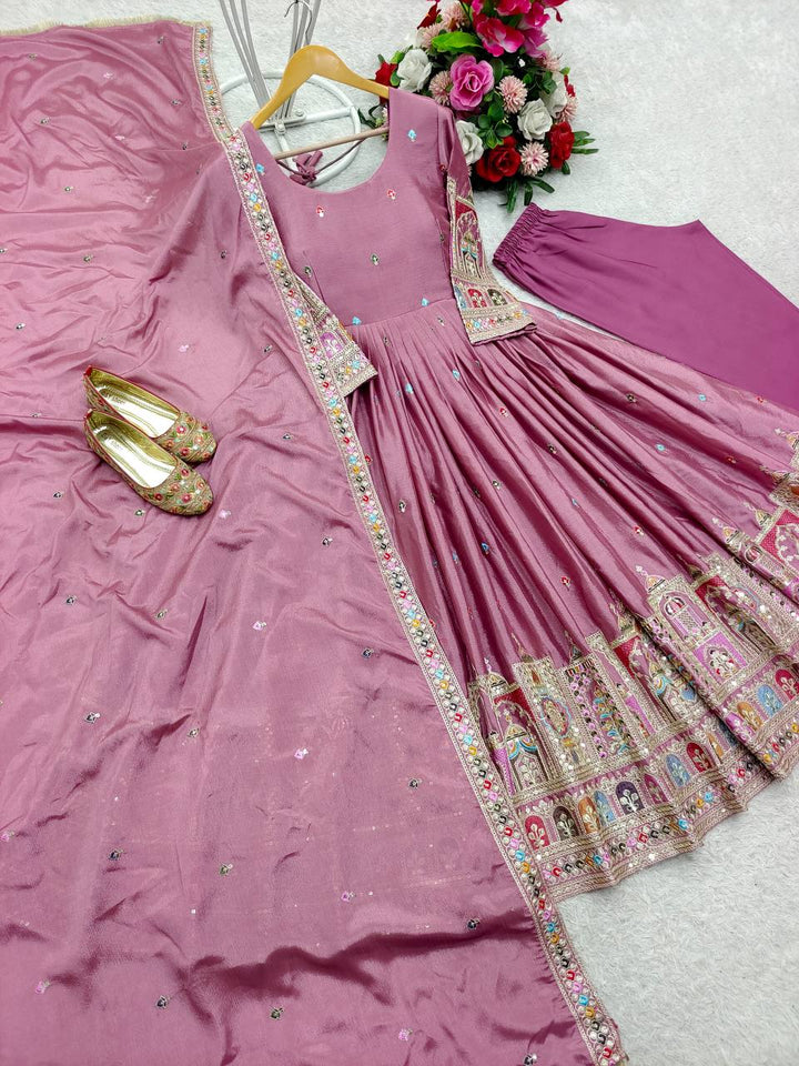 Presenting New Collection Heavy Pure Cinon Silk Gown -Pent  Dupatta Set Fully Stitched Ready To Wear
