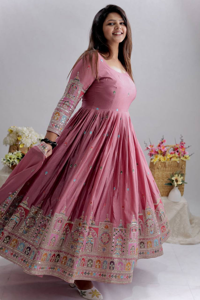 Presenting New Collection Heavy Pure Cinon Silk Gown -Pent  Dupatta Set Fully Stitched Ready To Wear