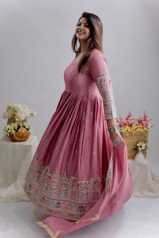 Presenting New Collection Heavy Pure Cinon Silk Gown -Pent  Dupatta Set Fully Stitched Ready To Wear
