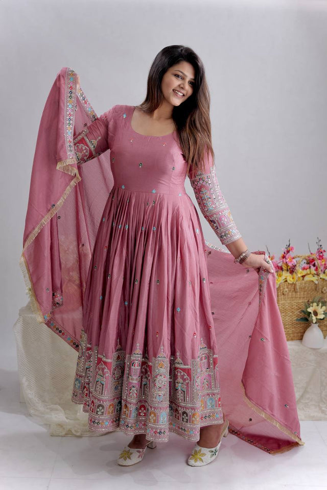 Presenting New Collection Heavy Pure Cinon Silk Gown -Pent  Dupatta Set Fully Stitched Ready To Wear