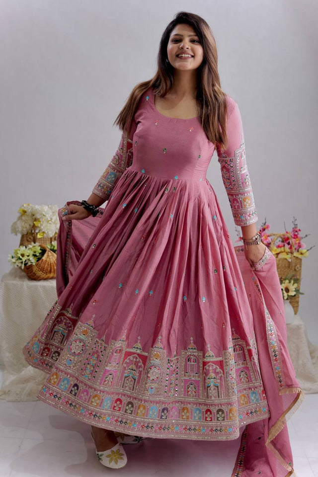 Presenting New Collection Heavy Pure Cinon Silk Gown -Pent  Dupatta Set Fully Stitched Ready To Wear