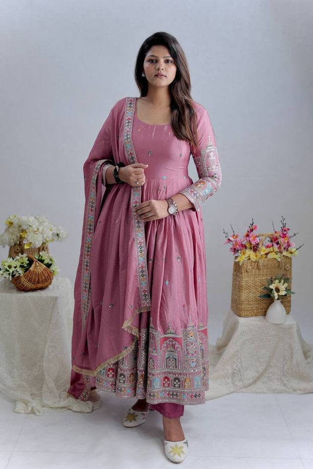 Presenting New Collection Heavy Pure Cinon Silk Gown -Pent  Dupatta Set Fully Stitched Ready To Wear