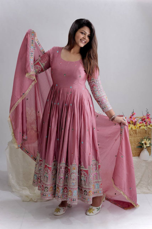 Presenting New Collection Heavy Pure Cinon Silk Gown -Pent  Dupatta Set Fully Stitched Ready To Wear