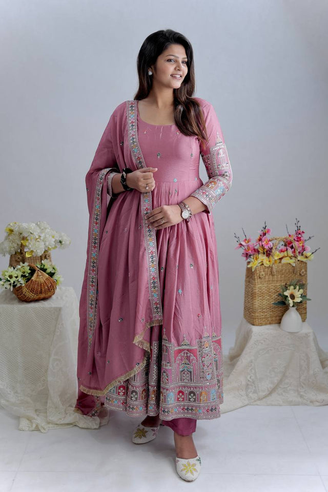 Presenting New Collection Heavy Pure Cinon Silk Gown -Pent  Dupatta Set Fully Stitched Ready To Wear