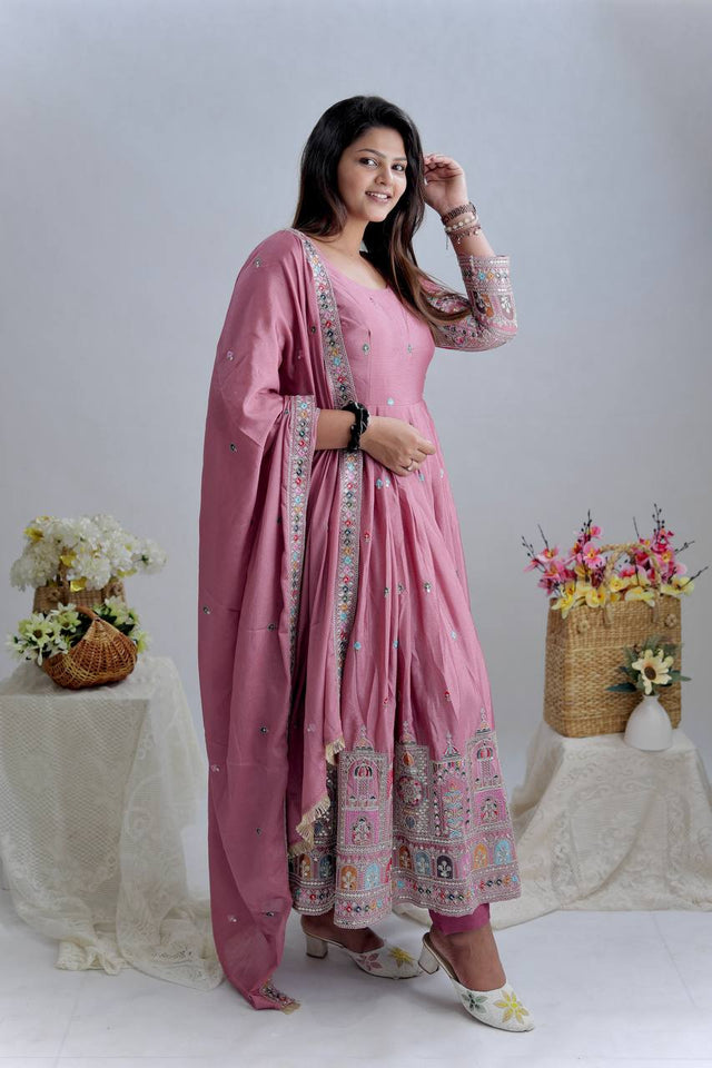 Presenting New Collection Heavy Pure Cinon Silk Gown -Pent  Dupatta Set Fully Stitched Ready To Wear