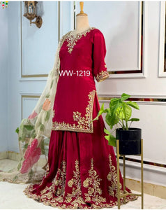 Launching New Đěsigner Party Wear Look Heavy Cinon Silk Top Sarara & Dupatta Set
