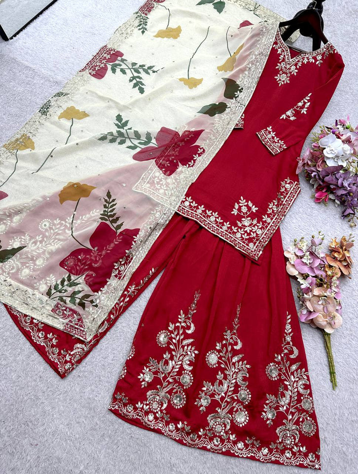 Launching New Đěsigner Party Wear Look Heavy Cinon Silk Top Sarara & Dupatta Set