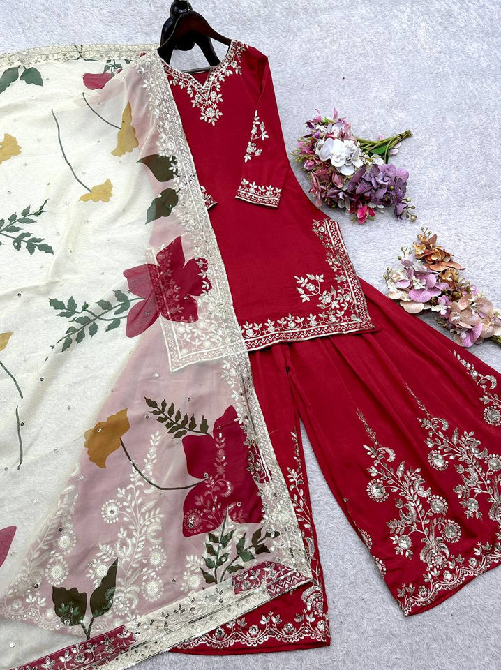 Launching New Đěsigner Party Wear Look Heavy Cinon Silk Top Sarara & Dupatta Set