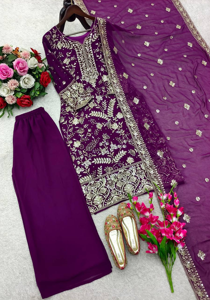 Launching New Đěsigner Party Wear Look Heavy Fox Georgette Top Plazzo & Dupatta Set
