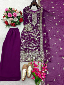 Launching New Đěsigner Party Wear Look Heavy Fox Georgette Top Plazzo & Dupatta Set