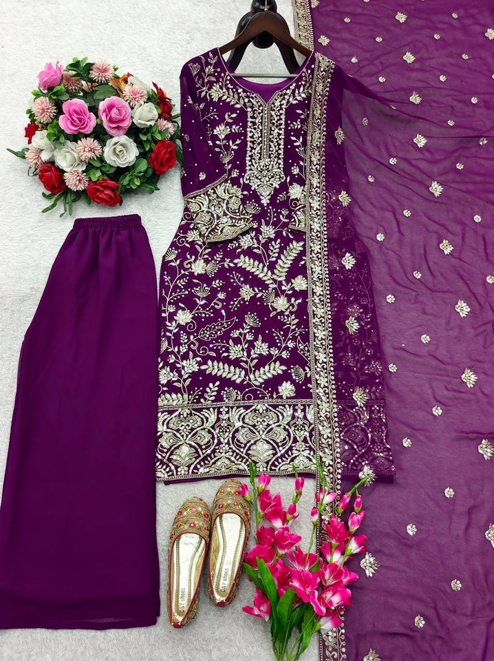 Launching New Đěsigner Party Wear Look Heavy Fox Georgette Top Plazzo & Dupatta Set