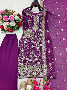 Launching New Đěsigner Party Wear Look Heavy Fox Georgette Top Plazzo & Dupatta Set