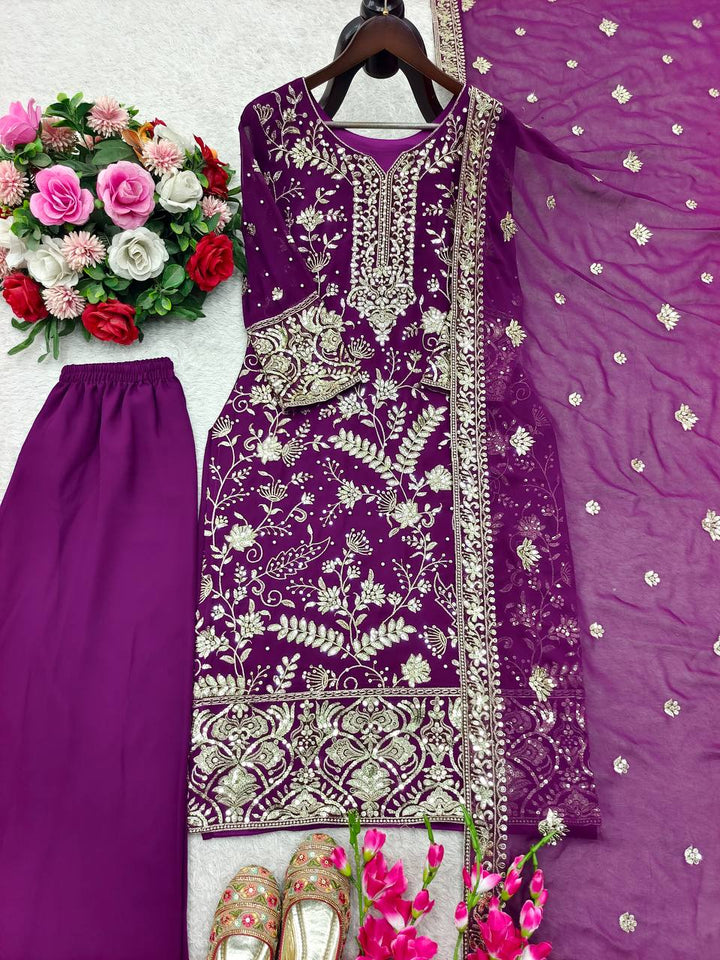 Launching New Đěsigner Party Wear Look Heavy Fox Georgette Top Plazzo & Dupatta Set