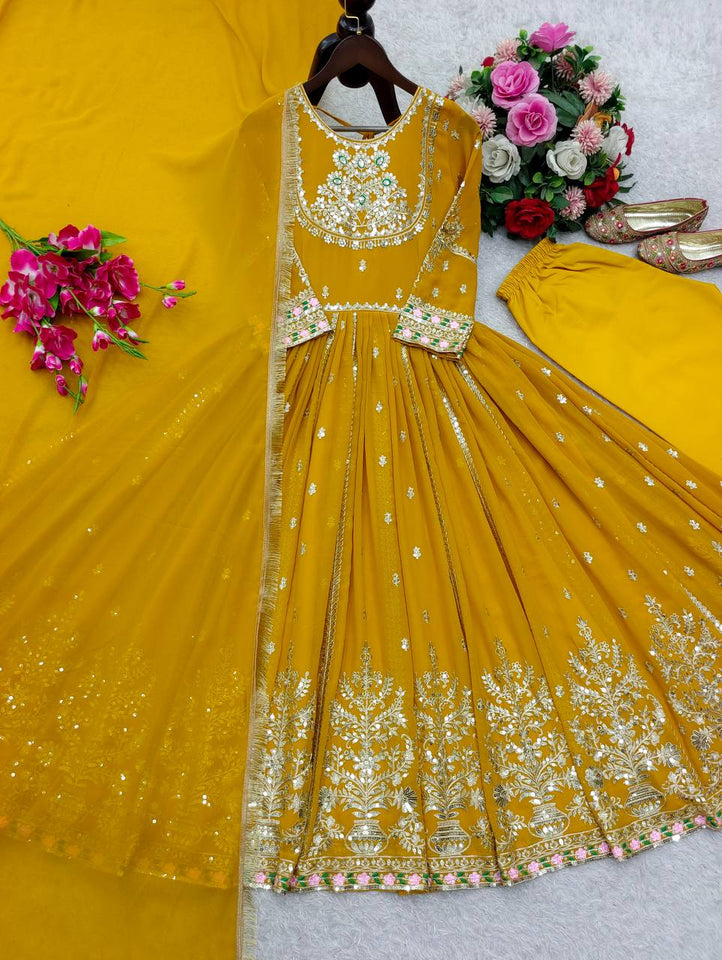 Presenting New Collection Heavy Pure Blooming Georgette Gown -Pent  Dupatta Set Fully Stitched Ready To Wear