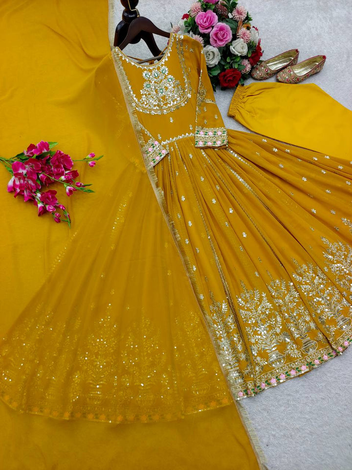 Presenting New Collection Heavy Pure Blooming Georgette Gown -Pent  Dupatta Set Fully Stitched Ready To Wear