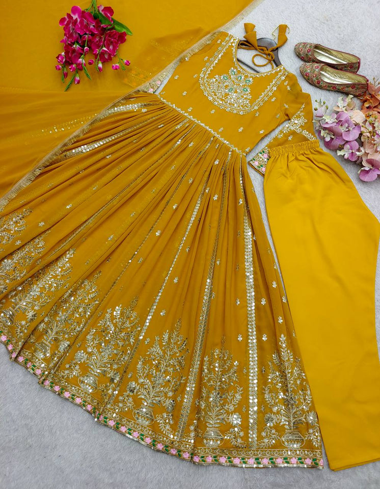 Presenting New Collection Heavy Pure Blooming Georgette Gown -Pent  Dupatta Set Fully Stitched Ready To Wear