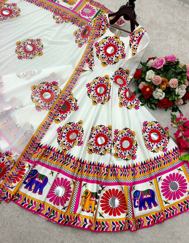 Launching New Đěsigner Navratri Look Heavy Moss Satin Silk Gwon & Dupatta Set*