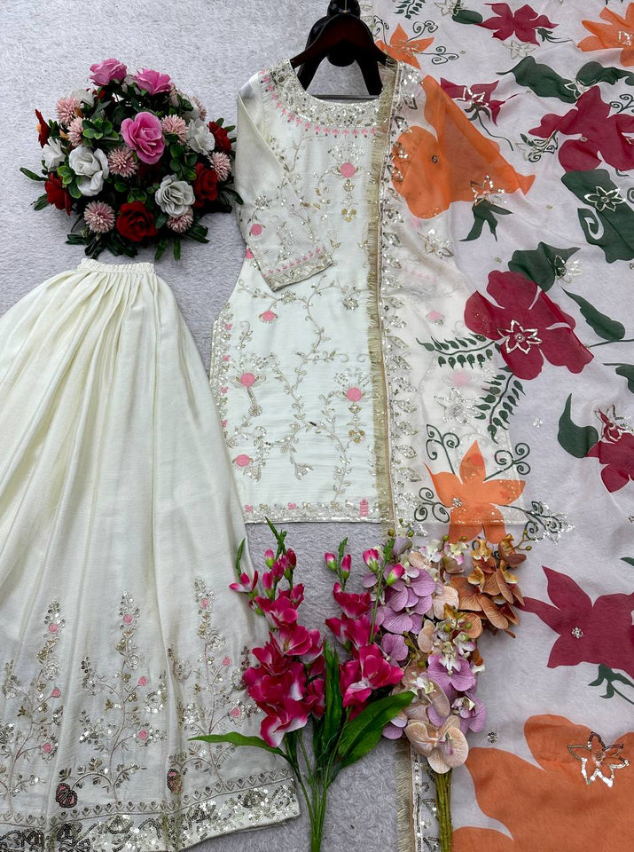 Launching New Đěsigner Party Wear Look Heavy Cinon Silk Top Sarara & Dupatta Set