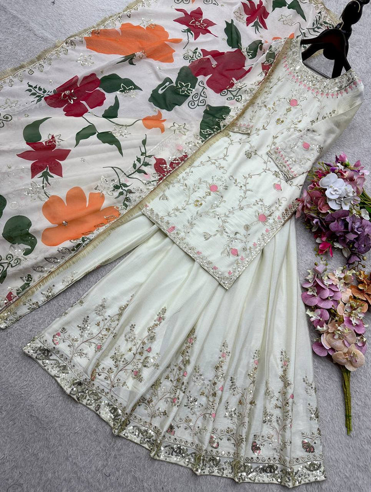 Launching New Đěsigner Party Wear Look Heavy Cinon Silk Top Sarara & Dupatta Set