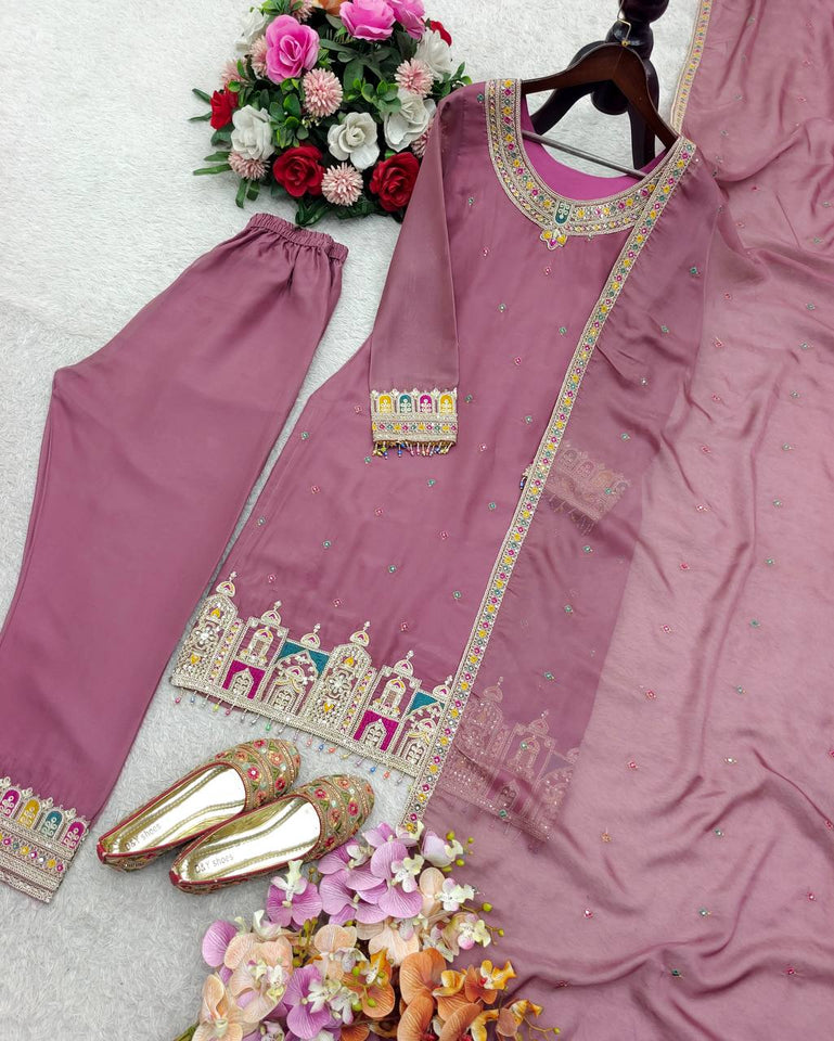 Launching New Đěsigner Party Wear Look Heavy Tebby Orgenza Silk Top Pent & Dupatta Set