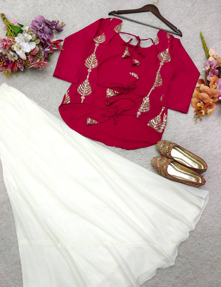 Presenting New Pure Cinon Silk Top-Plazzo and Dupatta Set Fully Stitched Ready To Wear
