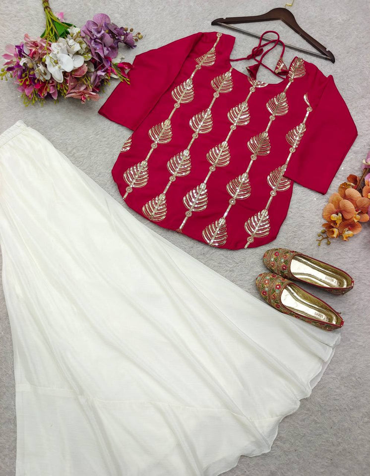 Presenting New Pure Cinon Silk Top-Plazzo and Dupatta Set Fully Stitched Ready To Wear