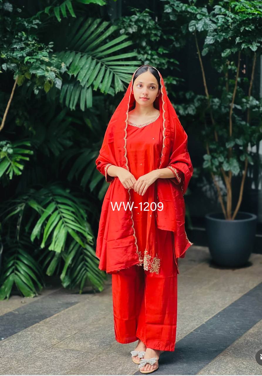 Presenting New Pure Cinon Silk Top-Plazzo and Dupatta Set Fully Stitched Ready To Wear