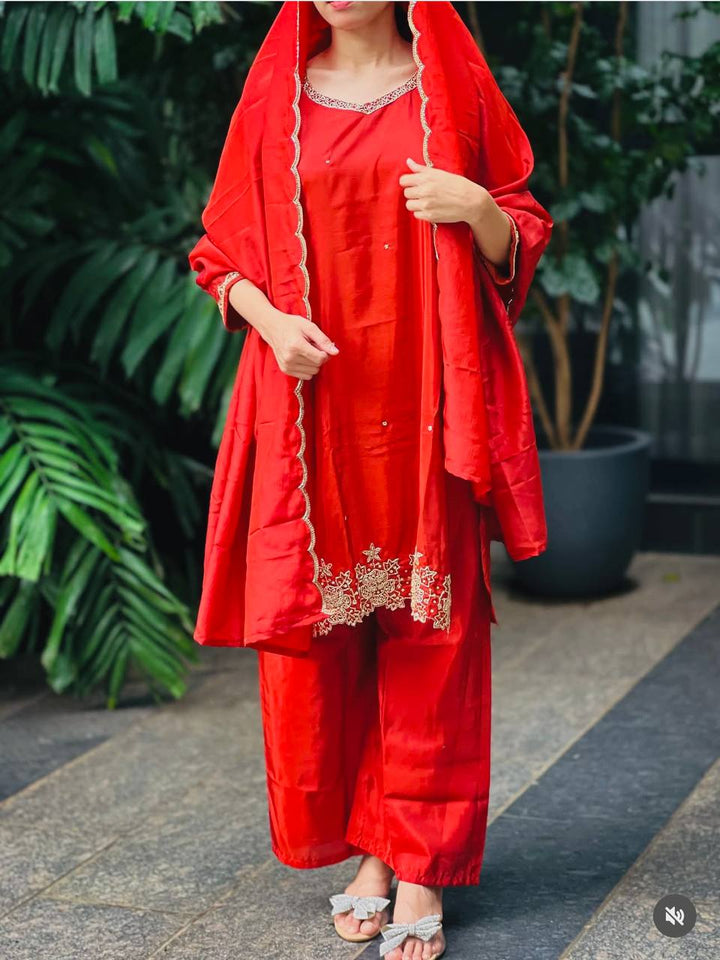 Presenting New Pure Cinon Silk Top-Plazzo and Dupatta Set Fully Stitched Ready To Wear
