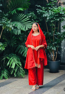 Presenting New Pure Cinon Silk Top-Plazzo and Dupatta Set Fully Stitched Ready To Wear
