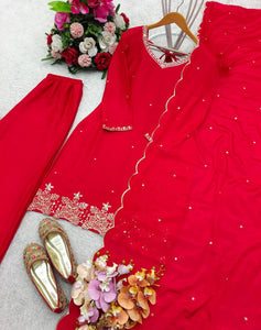 Presenting New Pure Cinon Silk Top-Plazzo and Dupatta Set Fully Stitched Ready To Wear