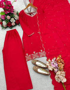 Presenting New Pure Cinon Silk Top-Plazzo and Dupatta Set Fully Stitched Ready To Wear