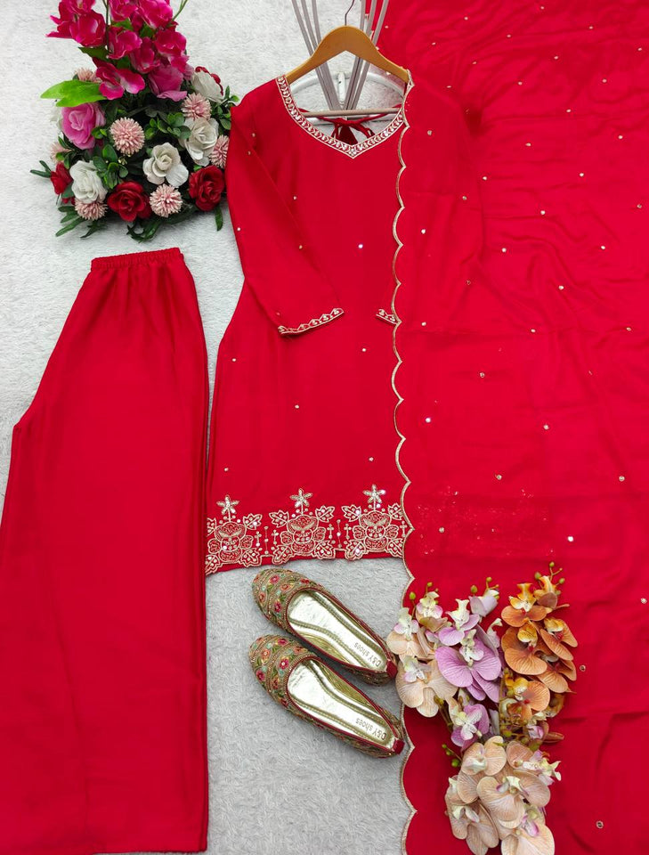 Presenting New Pure Cinon Silk Top-Plazzo and Dupatta Set Fully Stitched Ready To Wear