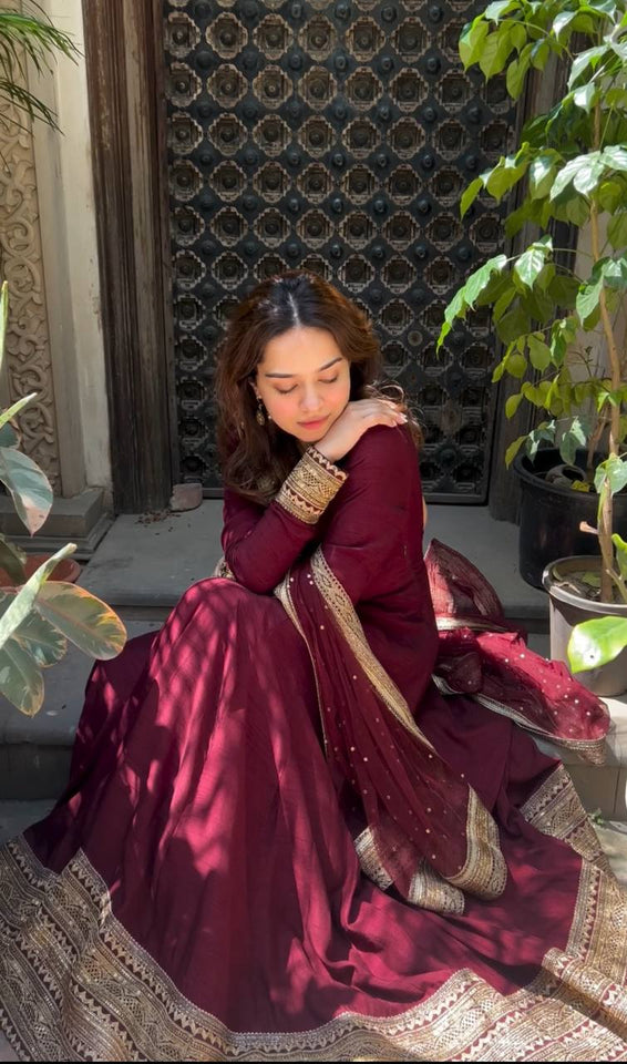 Presenting New Collection Heavy Pure Cinon Silk Gown -Pent  Dupatta Set Fully Stitched Ready To Wear 🔥😍🥰*