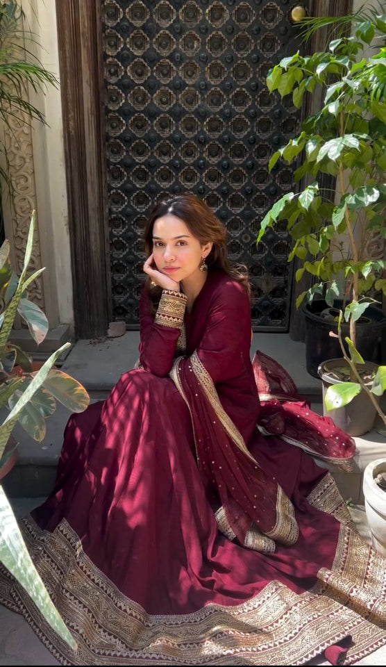 Presenting New Collection Heavy Pure Cinon Silk Gown -Pent  Dupatta Set Fully Stitched Ready To Wear 🔥😍🥰*