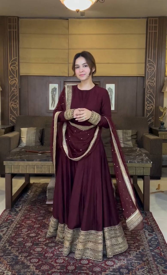 Presenting New Collection Heavy Pure Cinon Silk Gown -Pent  Dupatta Set Fully Stitched Ready To Wear 🔥😍🥰*