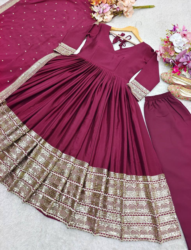 Presenting New Collection Heavy Pure Cinon Silk Gown -Pent  Dupatta Set Fully Stitched Ready To Wear 🔥😍🥰*