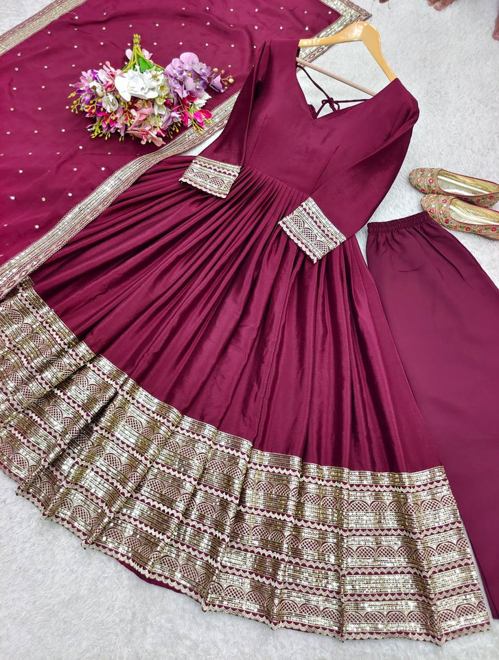 Presenting New Collection Heavy Pure Cinon Silk Gown -Pent  Dupatta Set Fully Stitched Ready To Wear 🔥😍🥰*