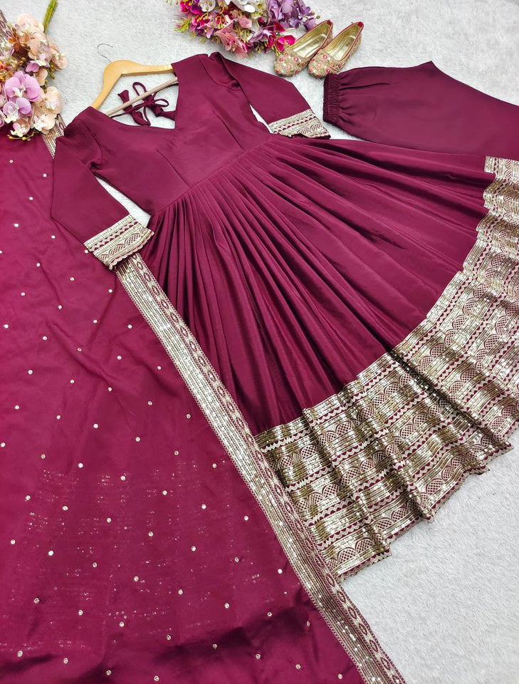 Presenting New Collection Heavy Pure Cinon Silk Gown -Pent  Dupatta Set Fully Stitched Ready To Wear 🔥😍🥰*