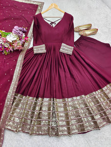 Presenting New Collection Heavy Pure Cinon Silk Gown -Pent  Dupatta Set Fully Stitched Ready To Wear 🔥😍🥰*
